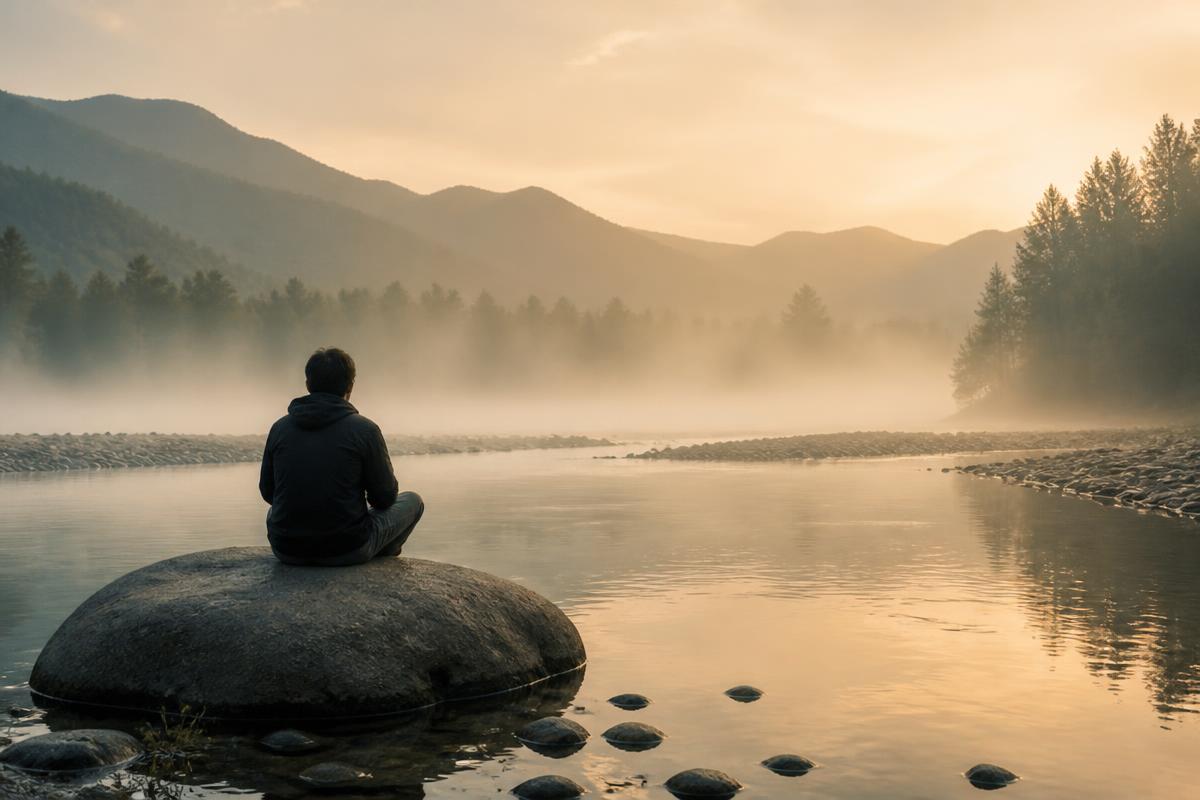 A single figure sitting quietly on a river stone at dawn